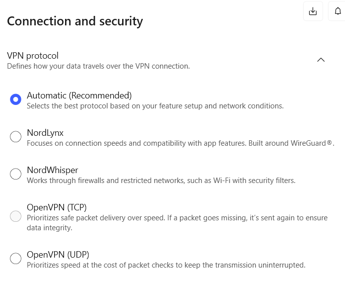 NordVPN Connection and security settings under the VPN protocol section