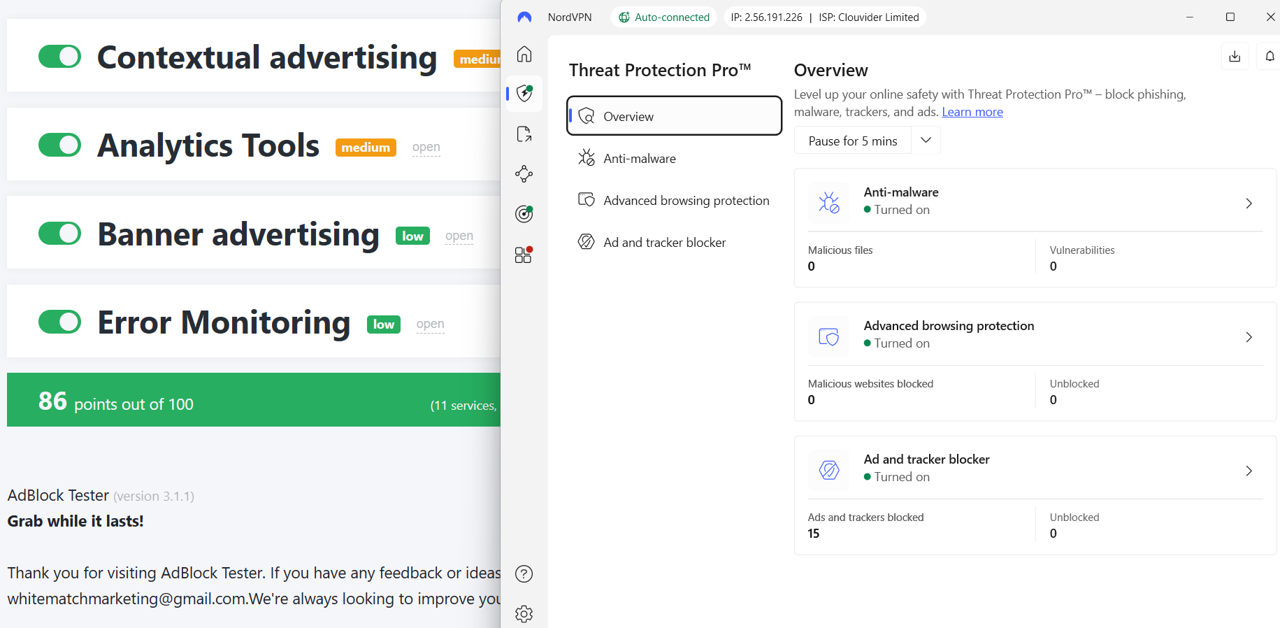 NordVPN Threat Protection AdBlock Tester results (86/100). 