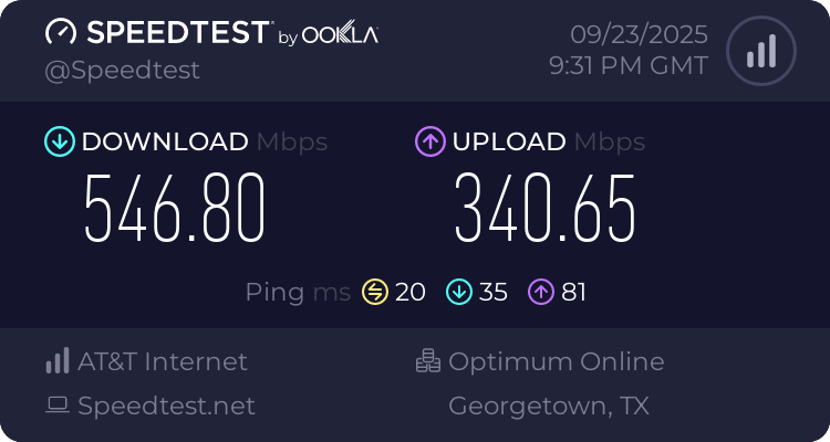 Baseline speed test before testing Proton VPN (546.80 download, 340.65 upload, 20 ping)