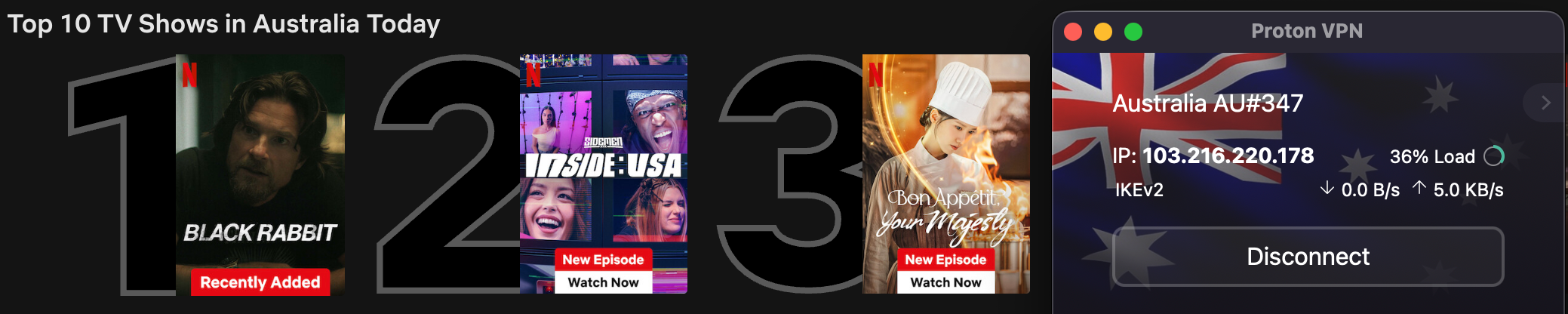 Netflix list of top shows in Australia today with Proton VPN in the foreground