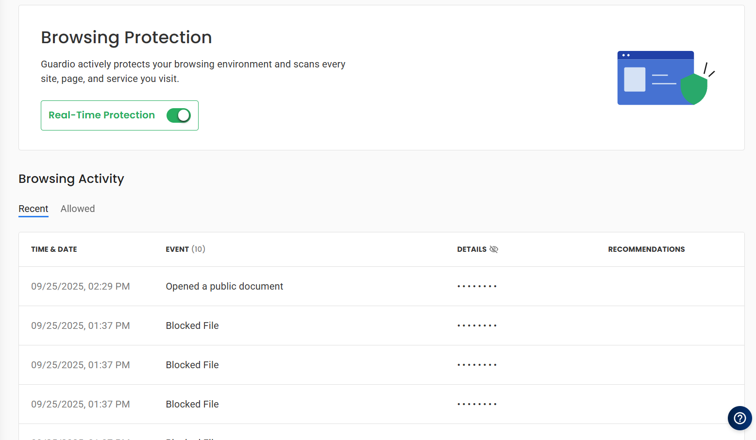 Guardio Browsing Protection tab showing list of recent browsing activity