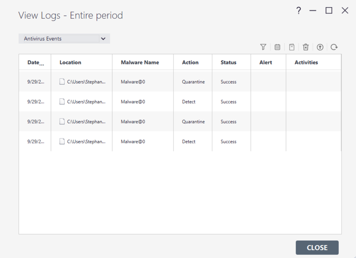Comodo antivirus logs listing EICAR files found by the software