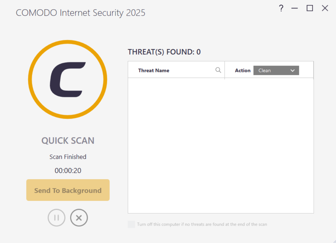 Comodo Internet Security quick scan results (0 threats found)