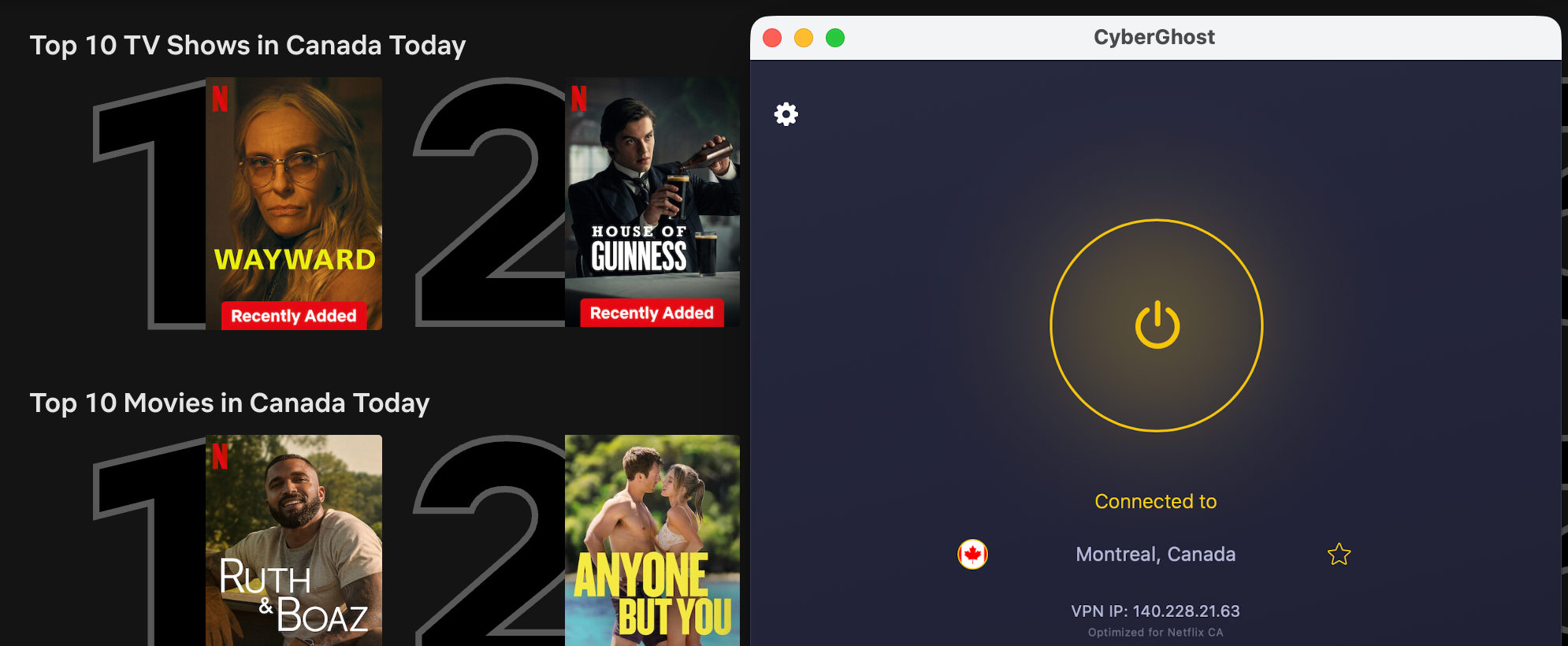 Netflix list of top shows and movies in Canada today with CyberGhost in the foreground
