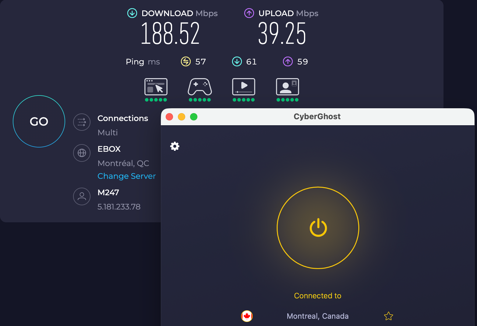 Speed test results for CyberGhost while connected to a Montreal server (188.52 download, 39.25 upload, 56 ping) 