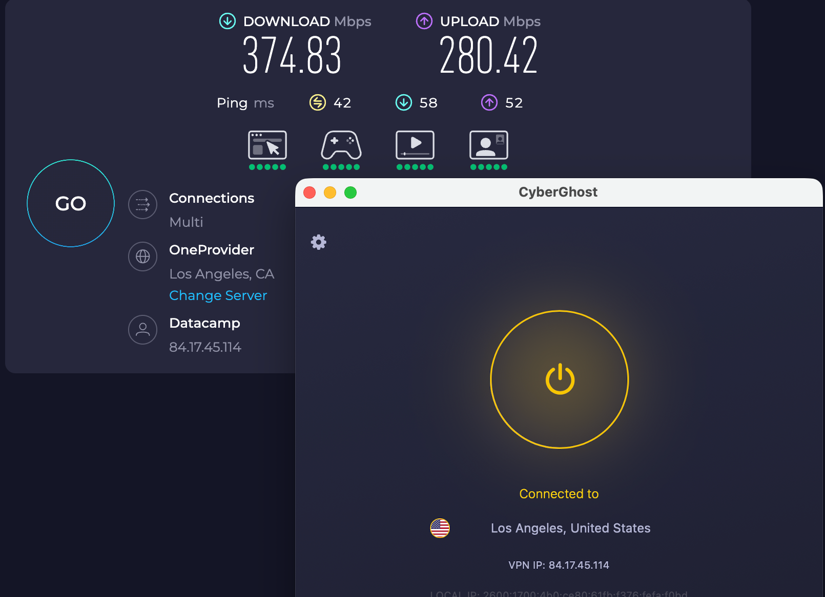Speed test results for CyberGhost while connected to a Los Angeles server (374.83 download, 280.42 upload, 42 ping) 