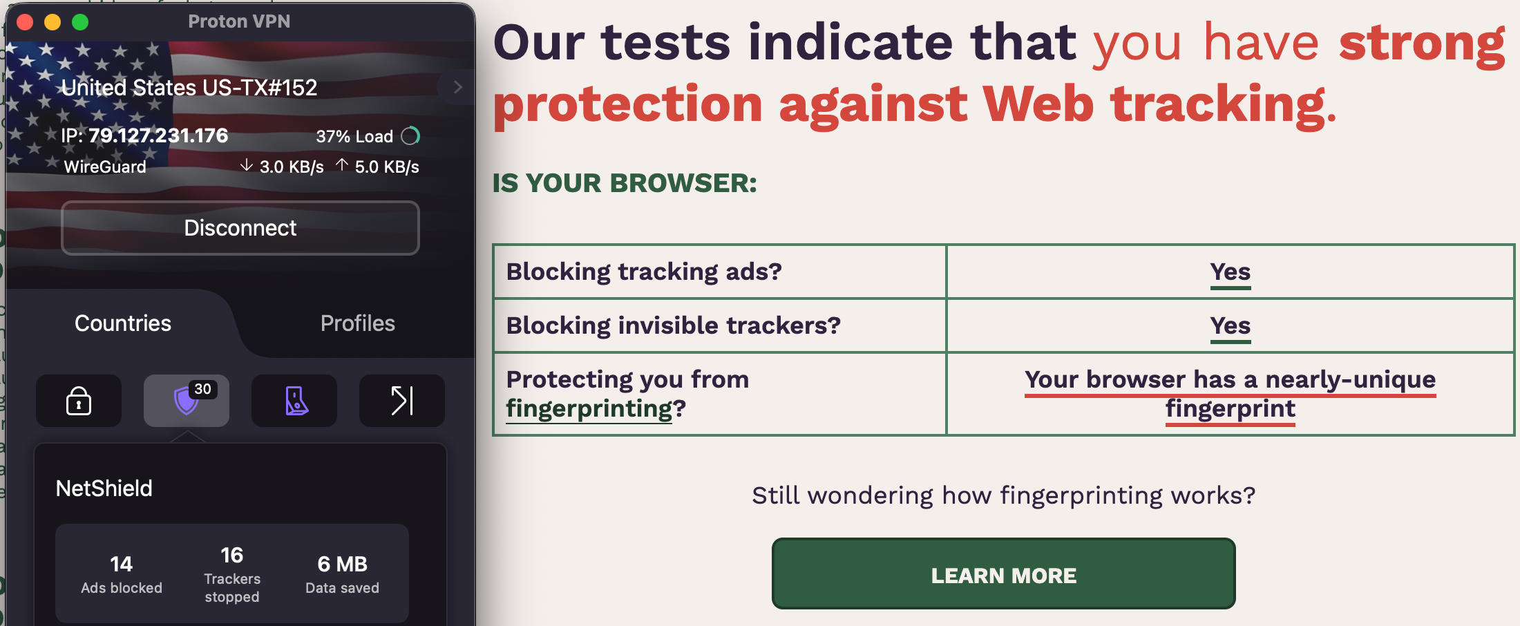 Proton VPN NetShield's Cover Your Tracks test results (2.5/3). 