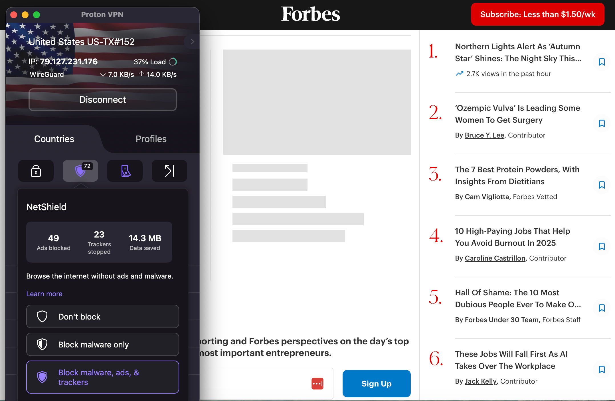 Forbes homepage with a blank ad space, Proton VPN in the foreground on NetShield tab
