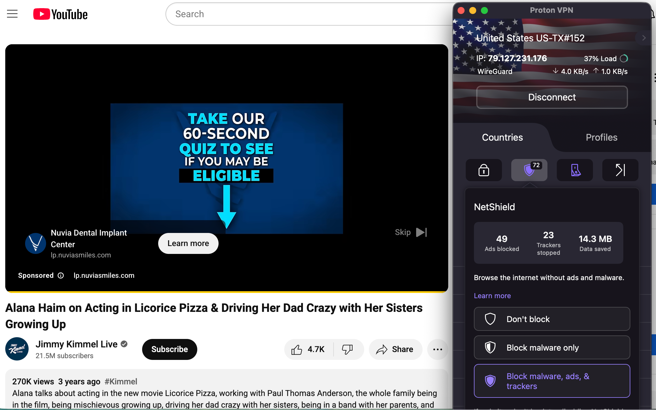 A YouTube video ad side-by-side with Proton VPN NetShield