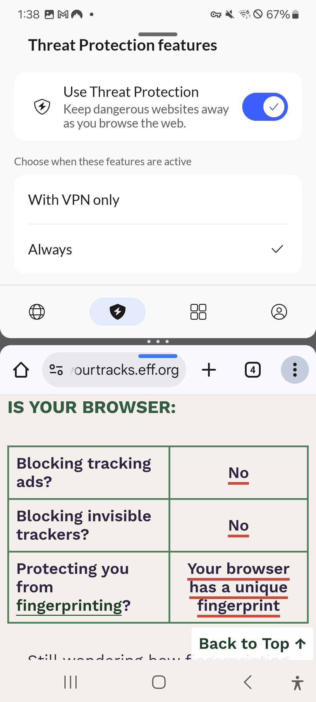 NordVPN Threat Protection's Cover Your Tracks results on mobile (0/3)