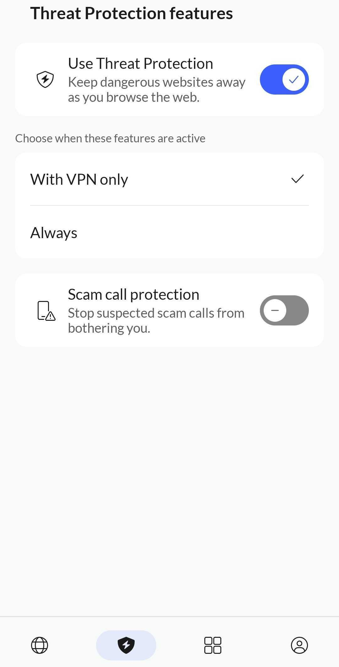 NordVPN mobile app dashboard open on Threat Protection tab