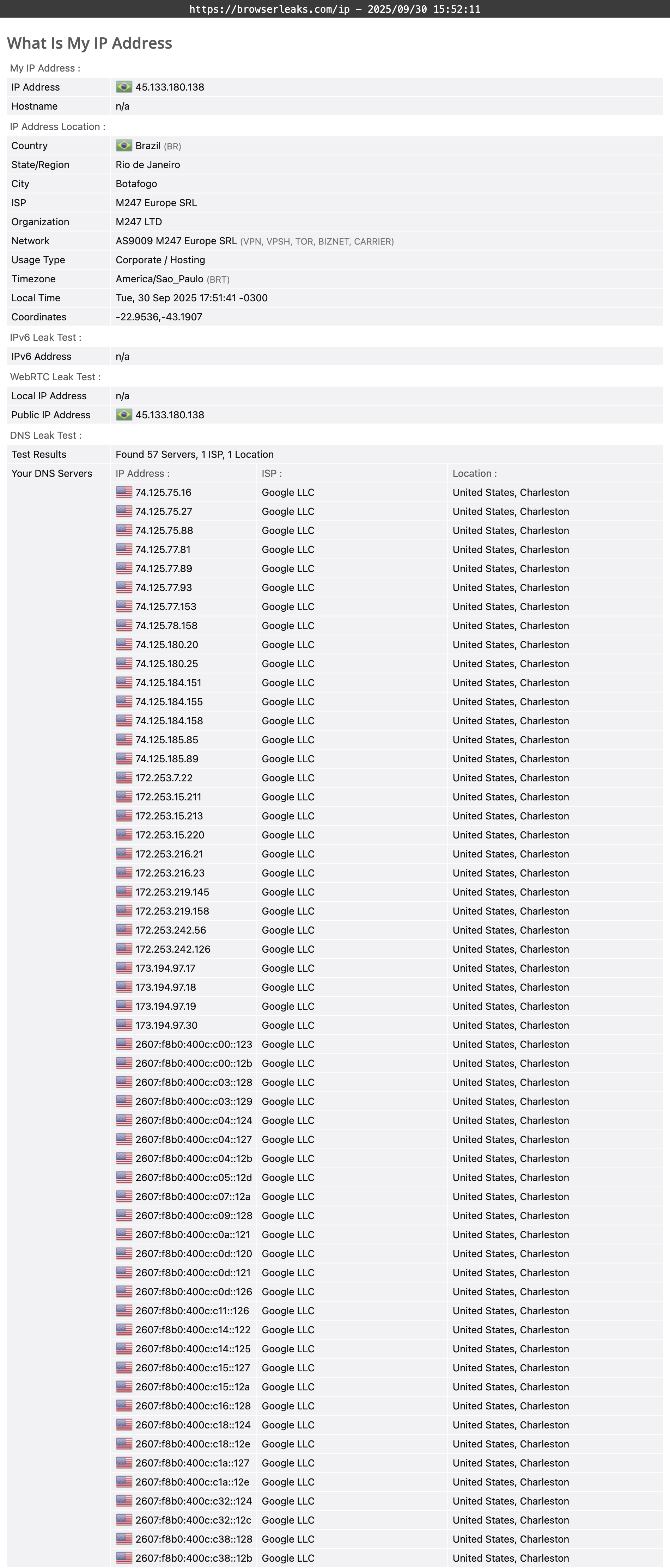 TorGuard's DNS leak test results (passed)
