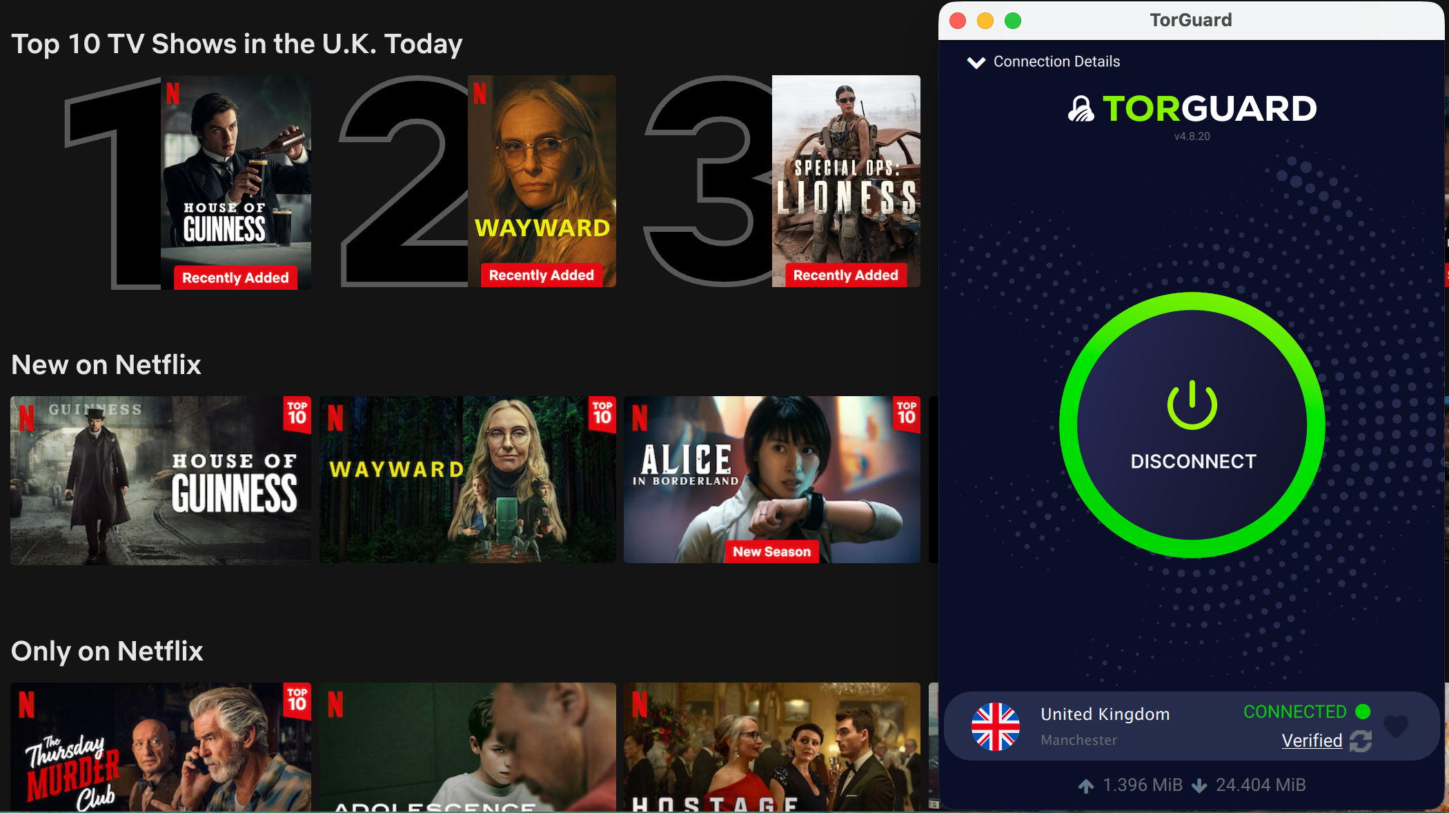 Netflix list of top shows in the U.K. today with TorGuard in the foreground