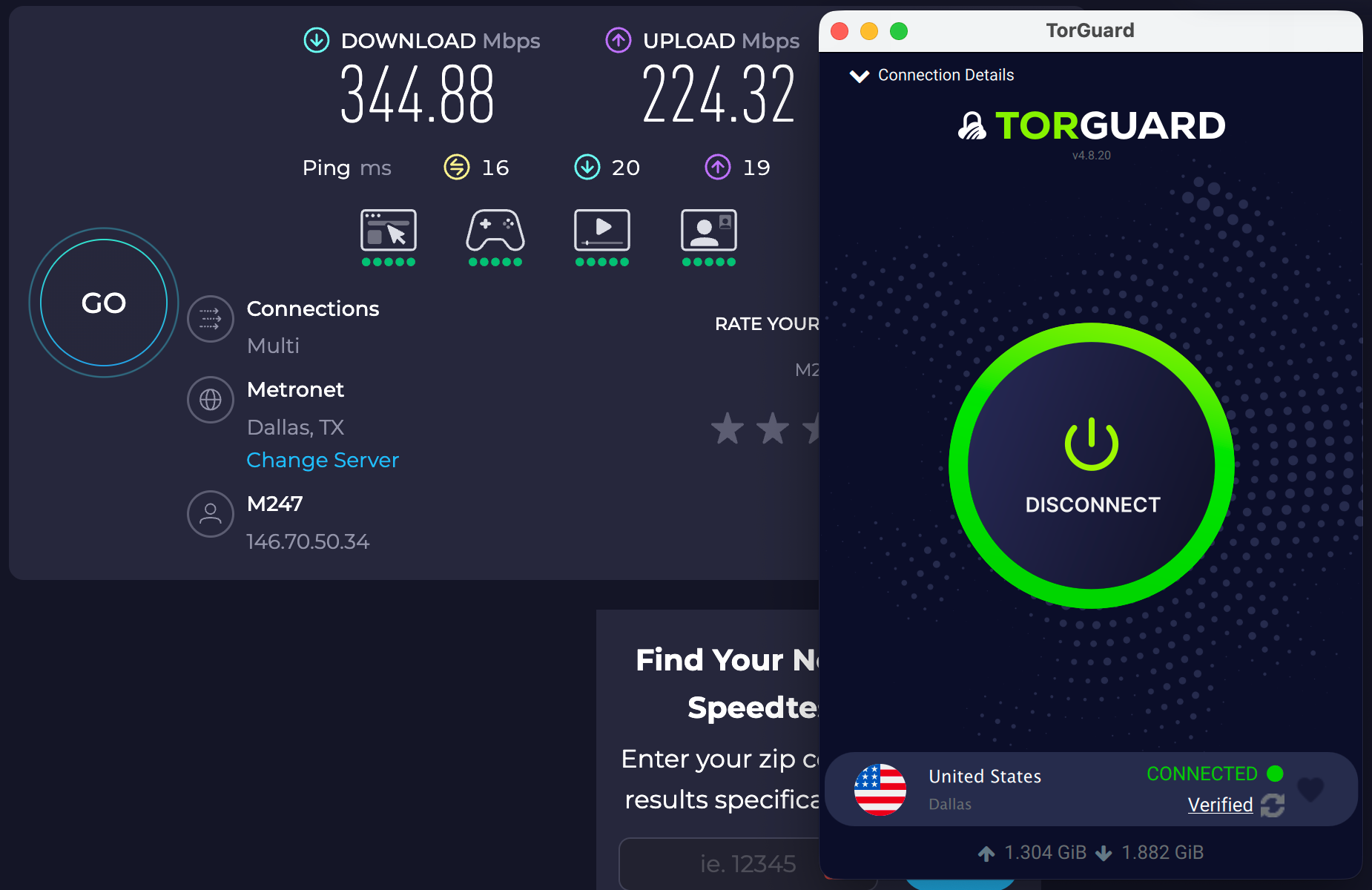 Speed test results for TorGuard while connected to a server in Dallas (344.88 download, 224.32 upload, 16 ping)