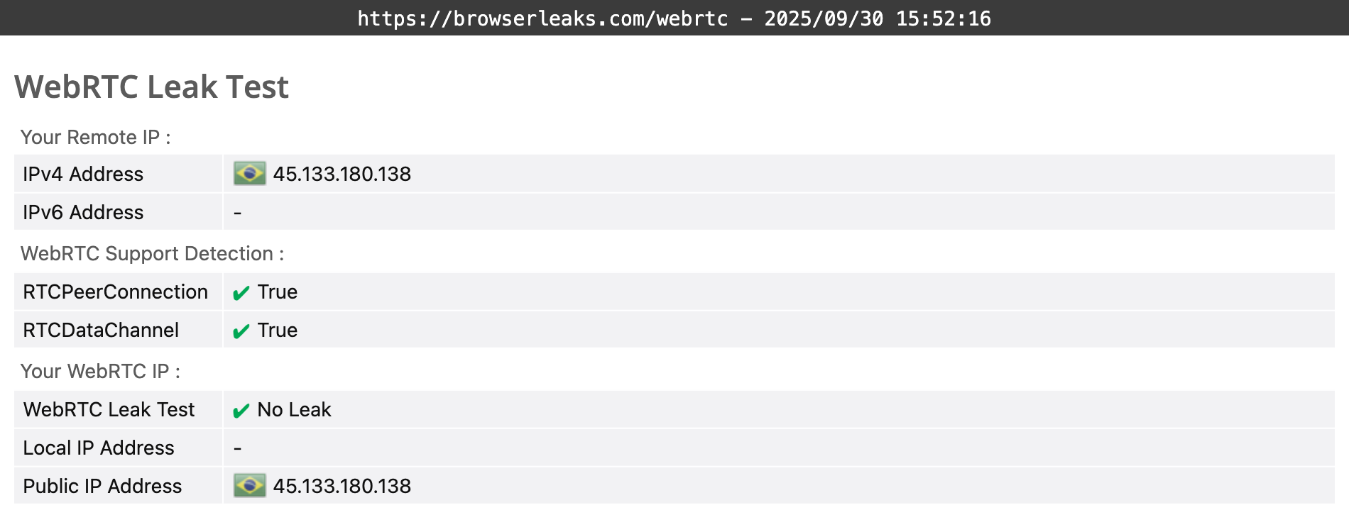 TorGuard's WebRTC leak test results (passed)