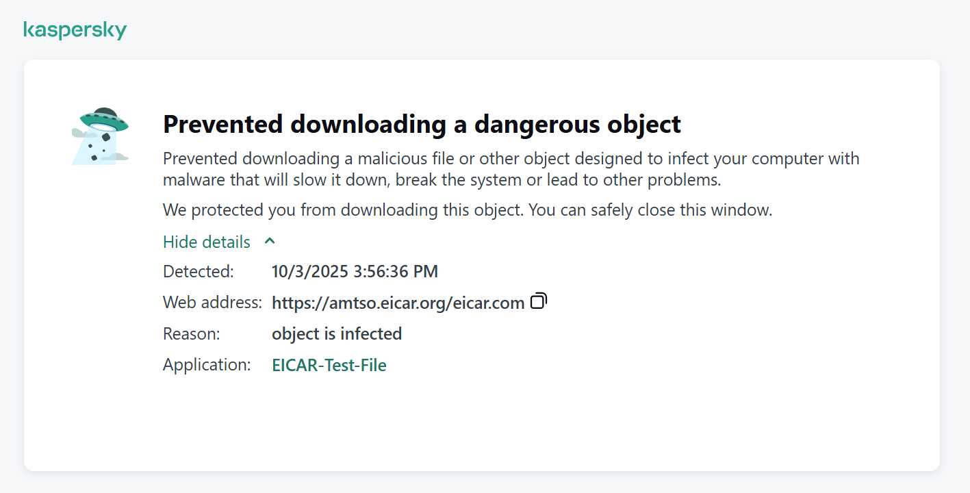 Kaspersky blocking EICAR test fiel