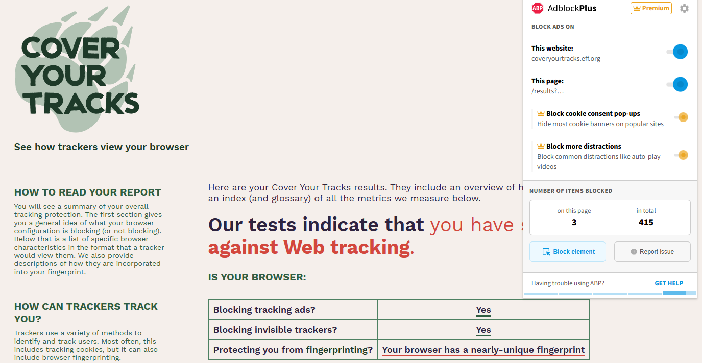 Adblock Plus's Cover Your Tracks results (2.5/3)