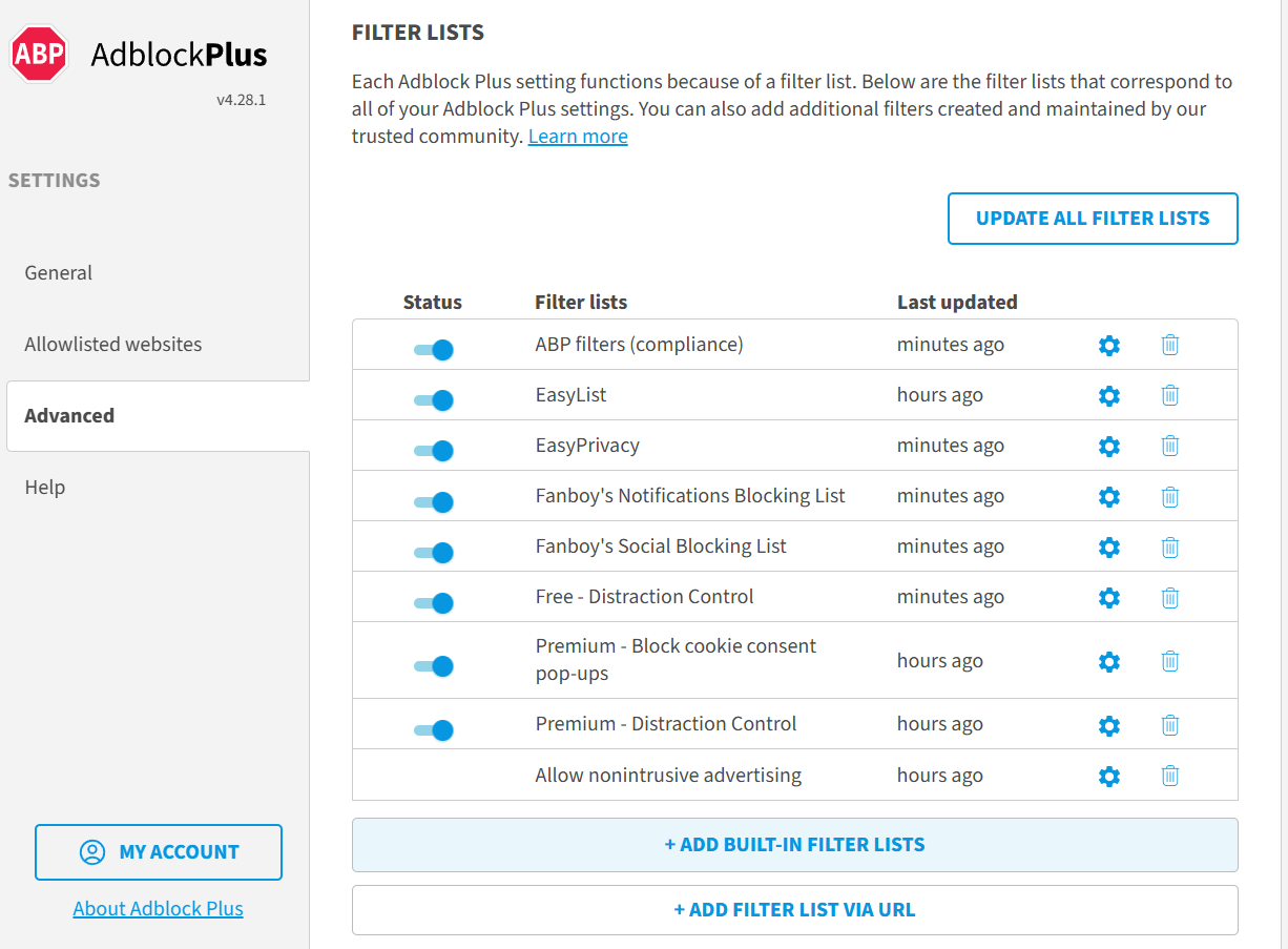 Adblock Plus advanced settings under filter lists section