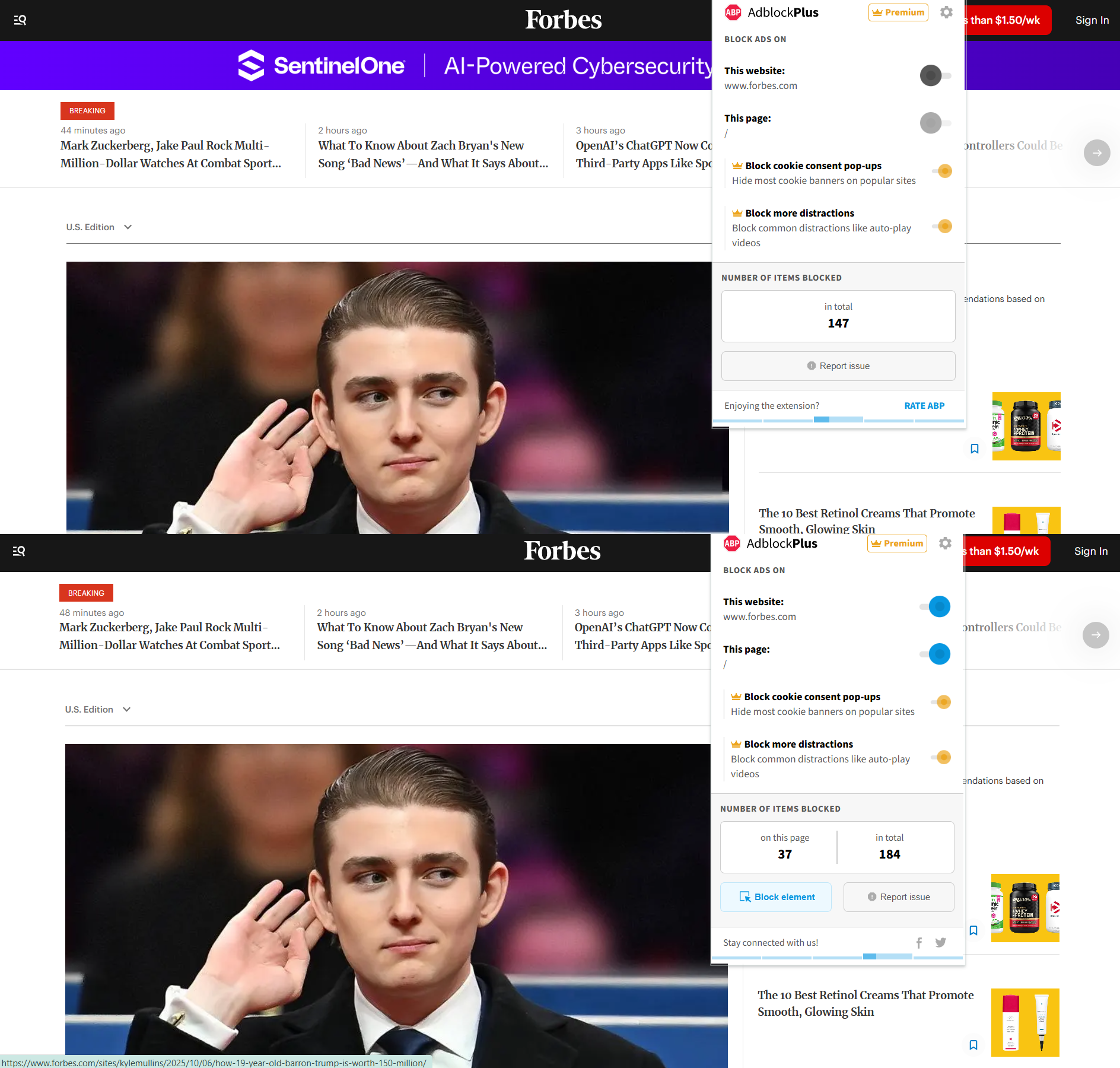 Forbes homepage, first with Adblock Plus paused and then with Adblock Plus enabled.