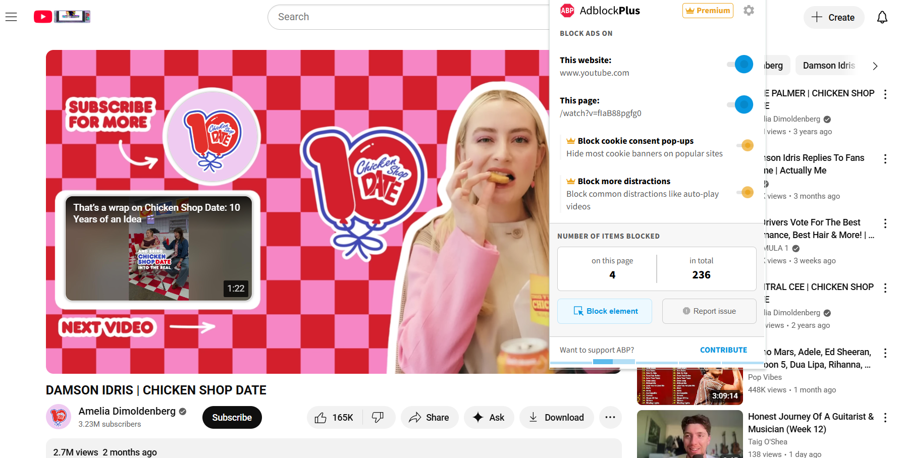 End of a YouTube video with Adblock Plus extension open in the foreground