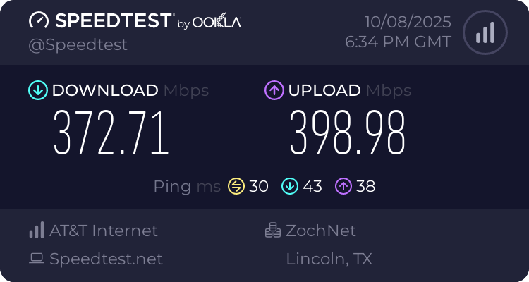 Baseline speed test before testing ClearVPN (372.71 download, 398.98 upload, 30 latency)