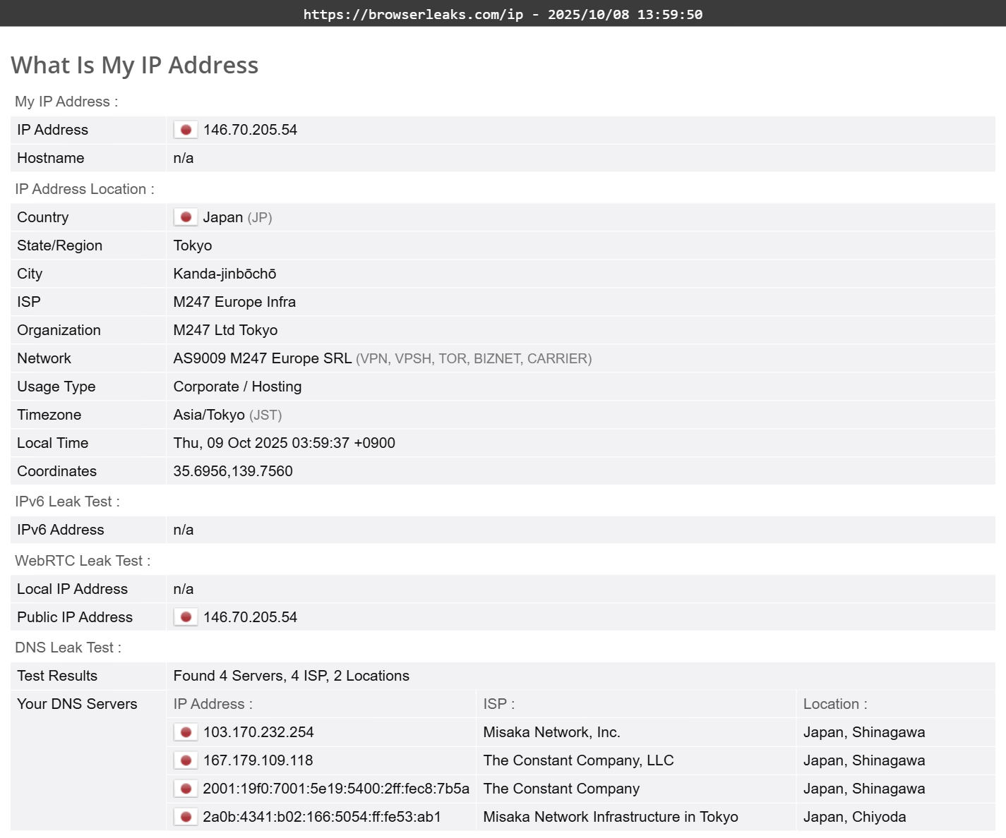 ClearVPN's DNS leak test results (passed).