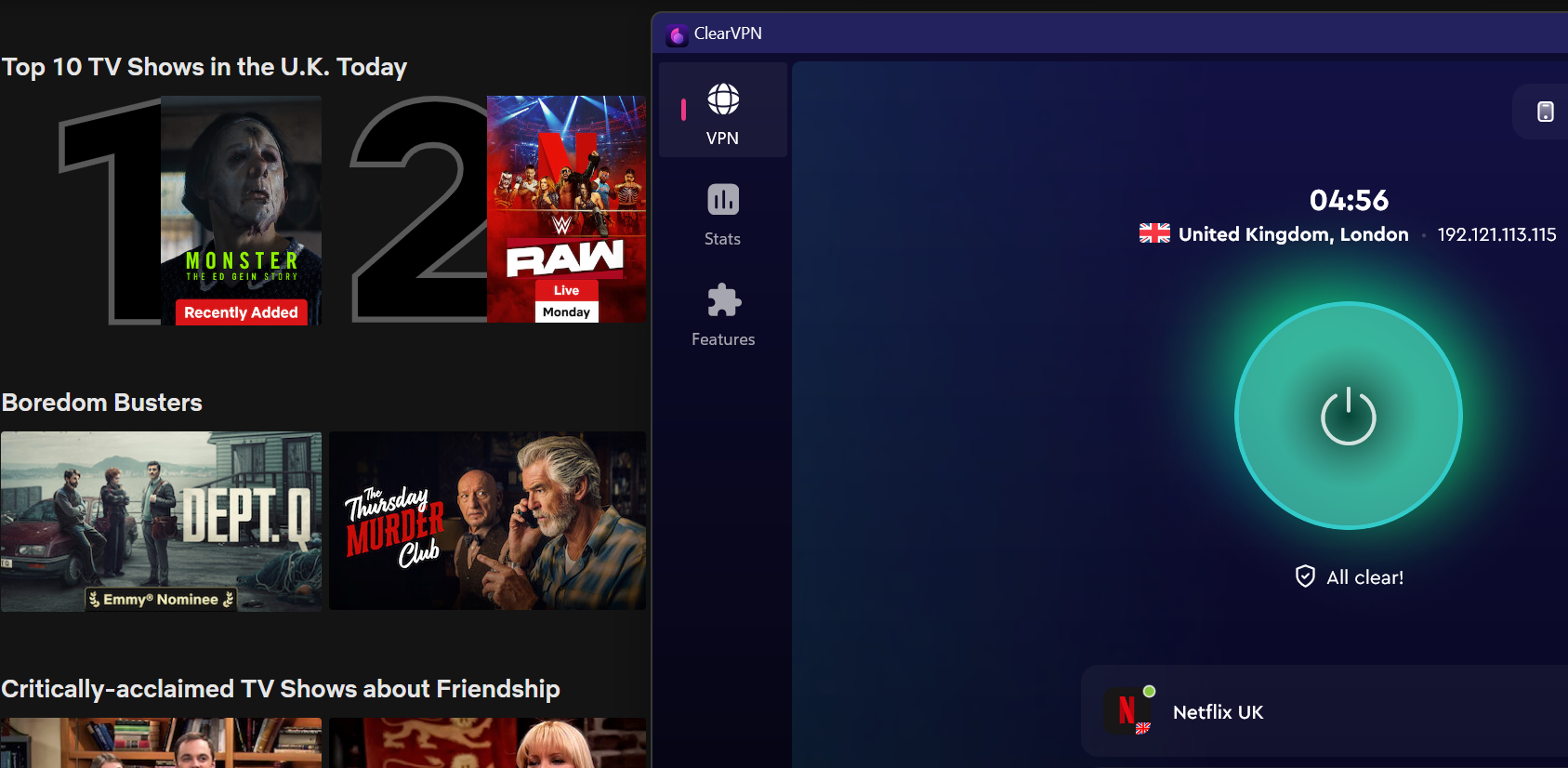 Netflix list of top shows in the U.K. today with ClearVPN in the foreground