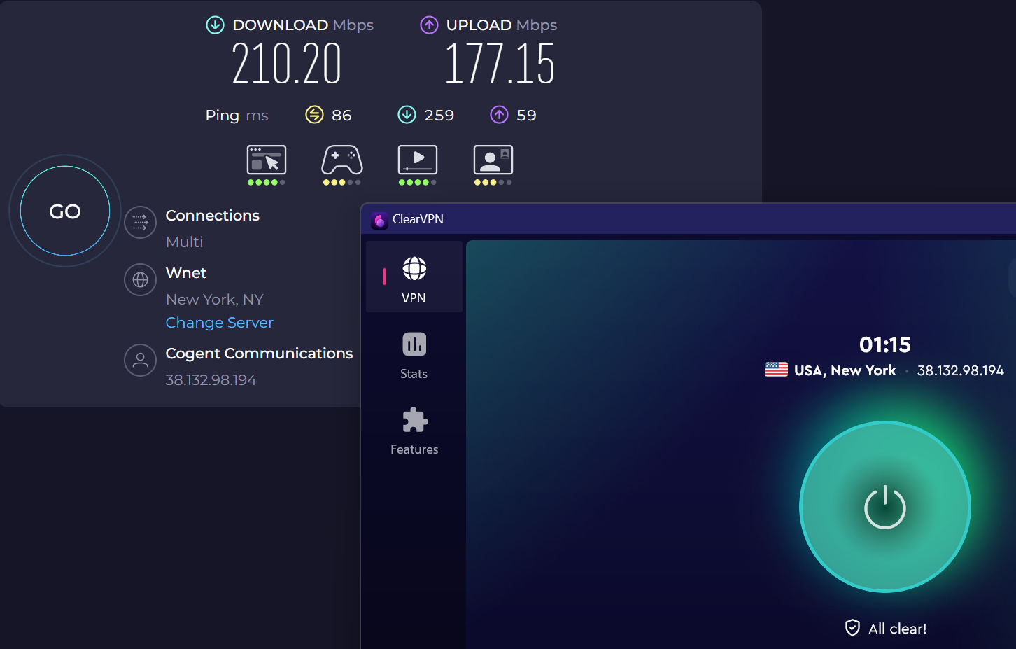 Speed test results for ClearVPN while connected to a server in New York (210.10 download, 177.15 upload, 86 latency)