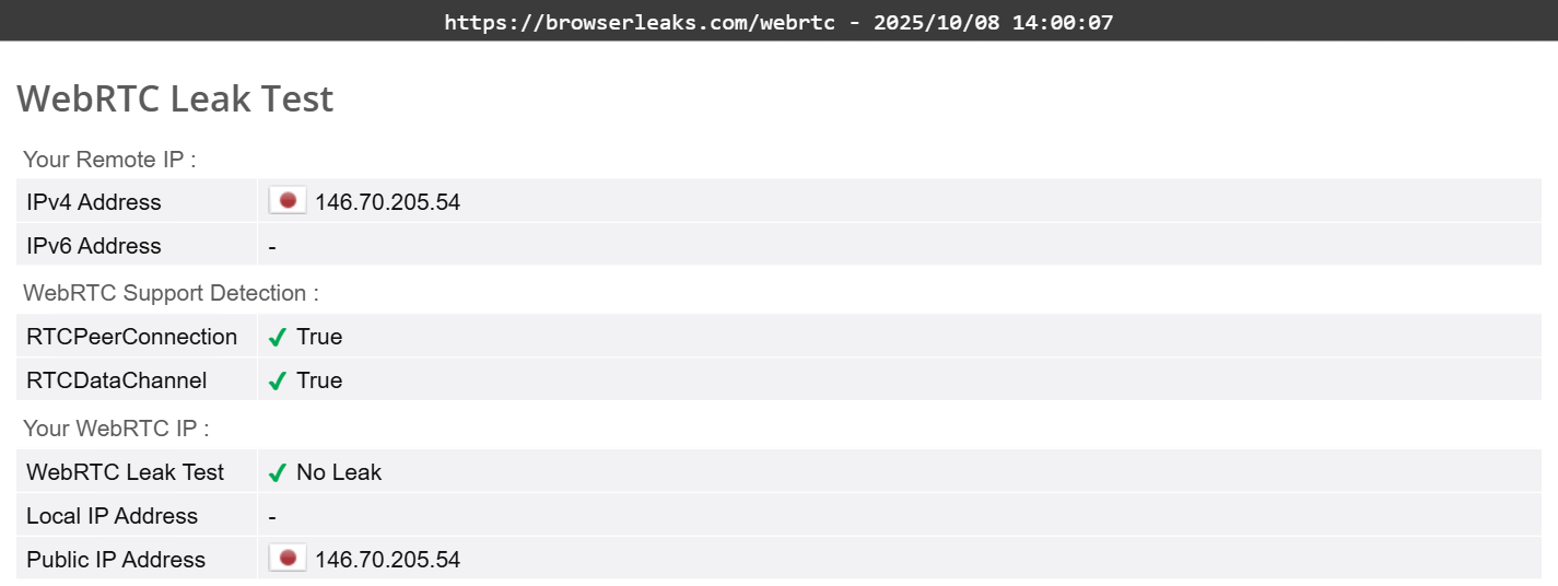 ClearVPN's WebRTC leak test results (passed).