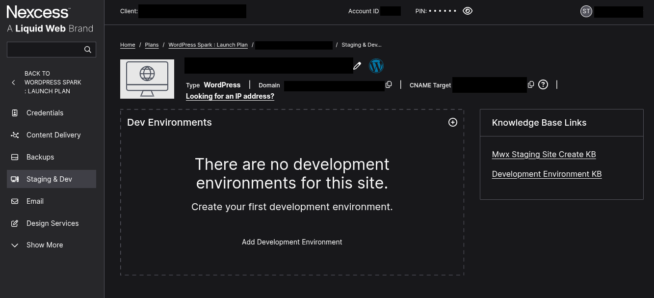 Liquid Web staging sites panel