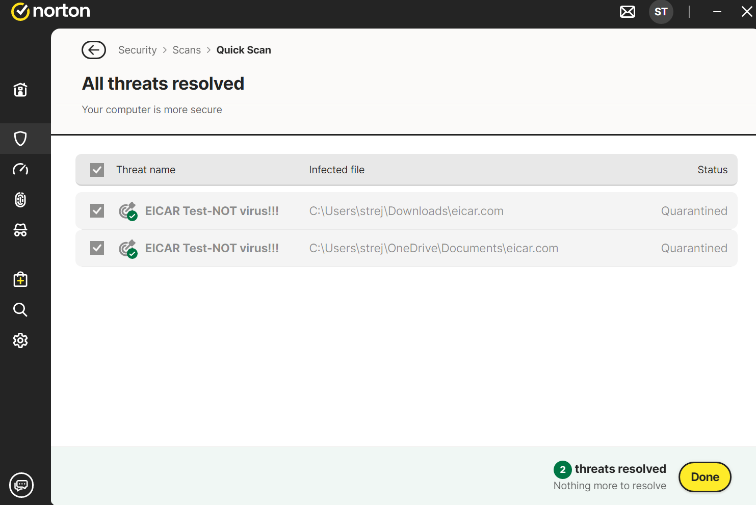 Norton 360 list of threats resolved following a quick scan