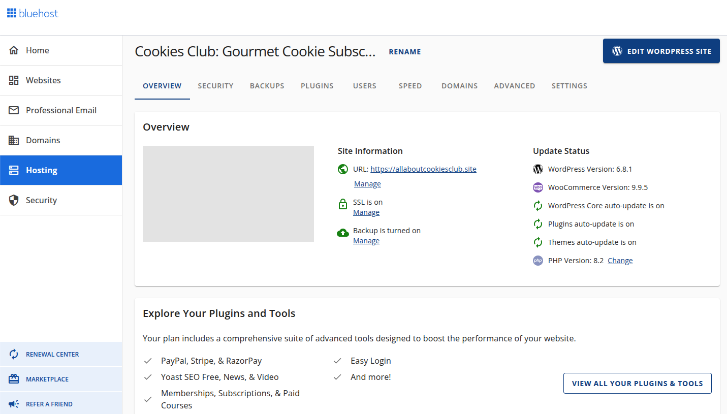 Bluehost dashboard
