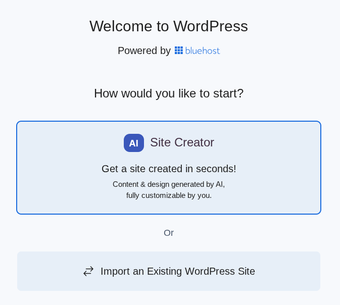 Bluehost create site