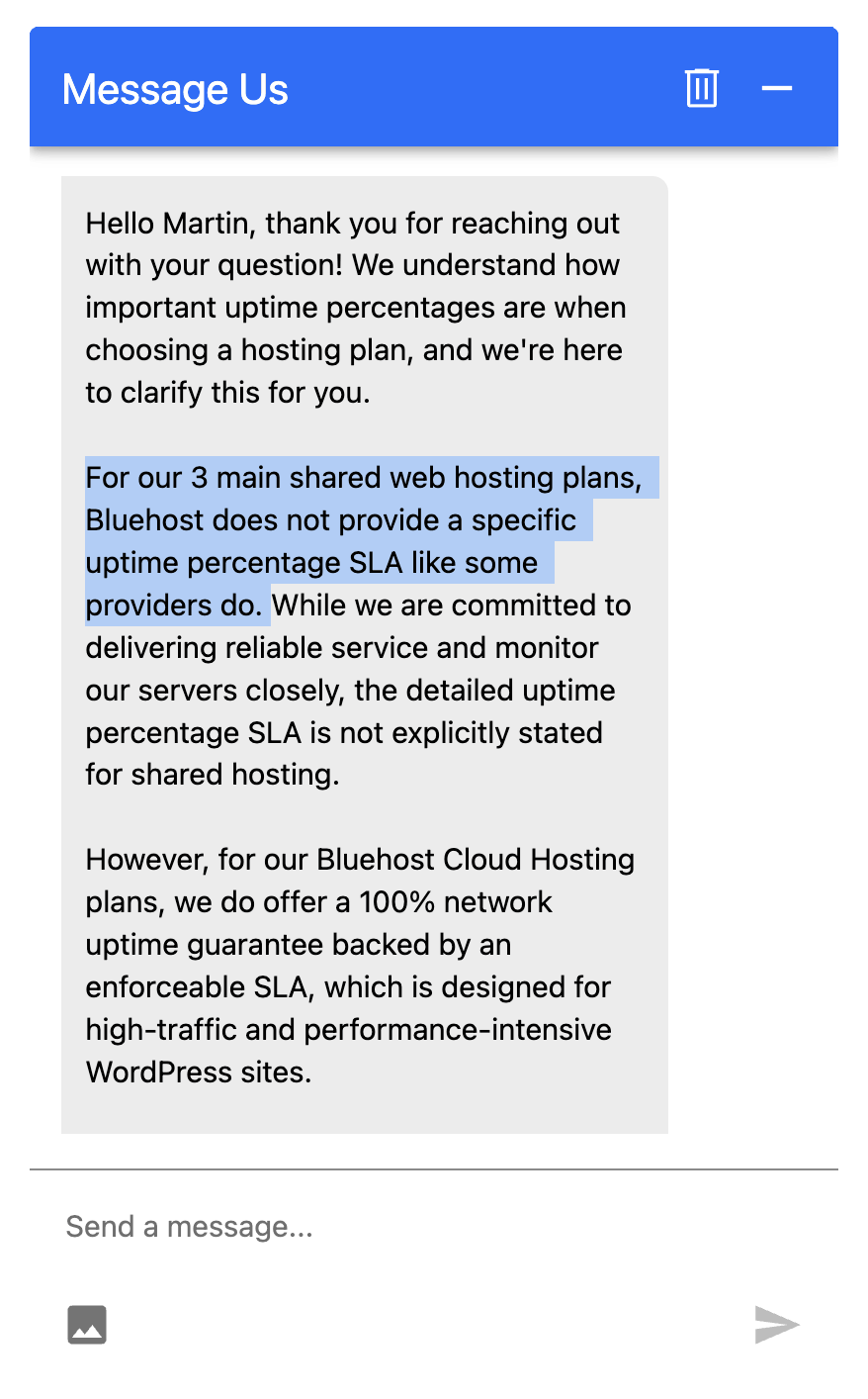 Bluehost no uptime guarantee