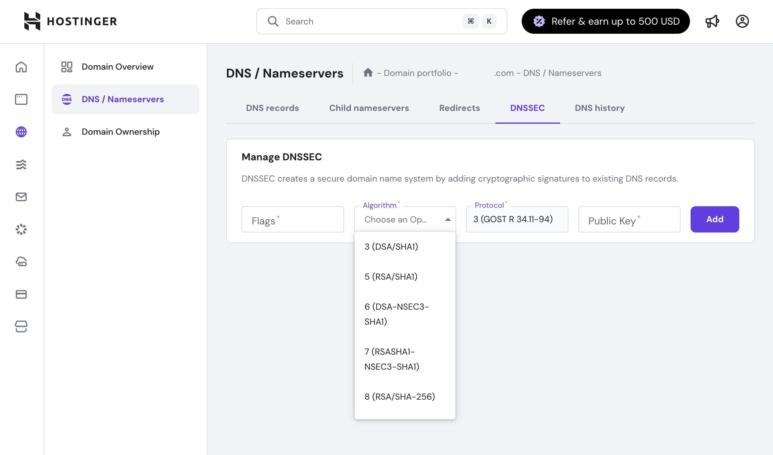 Managing DNSSEC in Hostinger