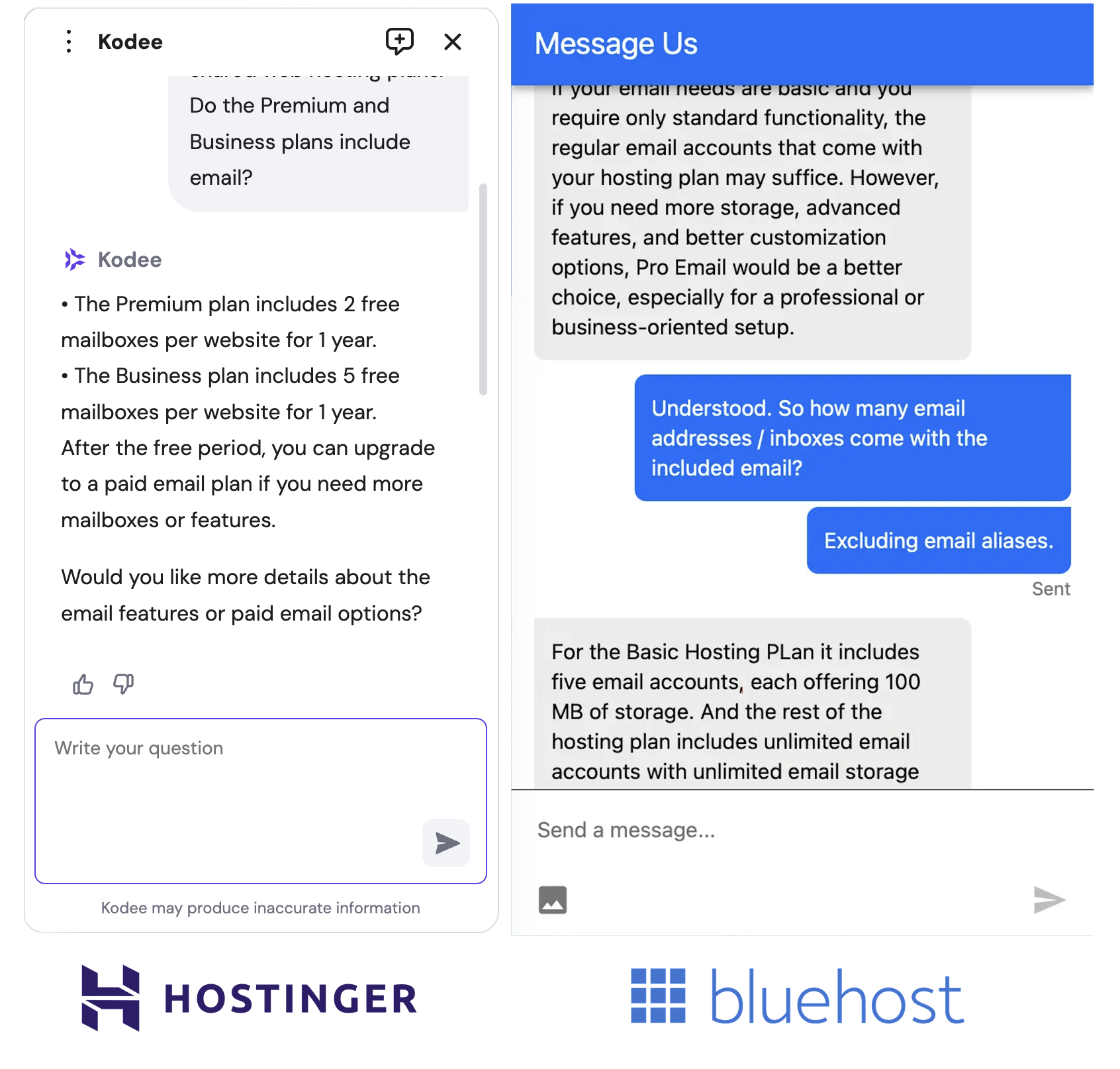 Hostinger and Bluehost live chat comparison