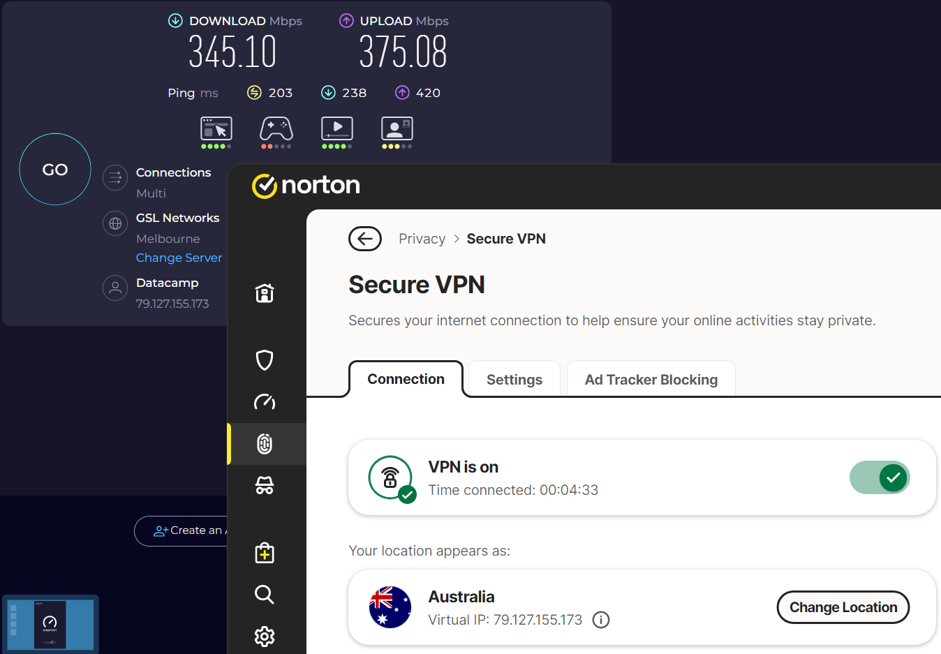 Speed test results for Norton Secure VPN while connected to a server in Melbourne (345.10 download, 375.08 upload, 203 ping)