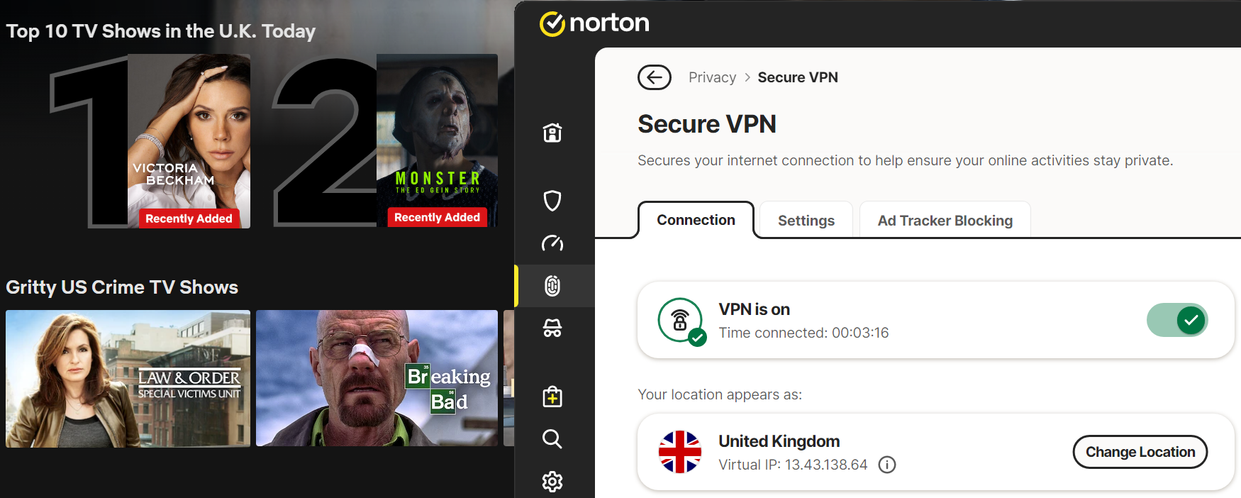 Netflix list of top shows in U.K. today with Norton Secure VPN in the foreground
