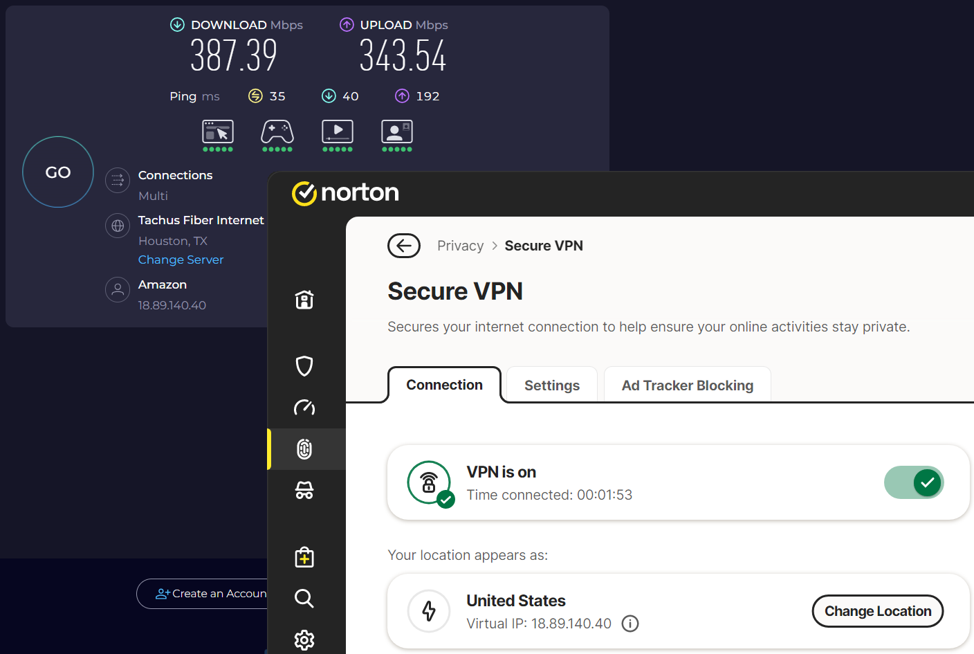Speed test results for Norton Secure VPN while connected to a server in Houston (387.39 download, 343.54 upload, 35 ping)
