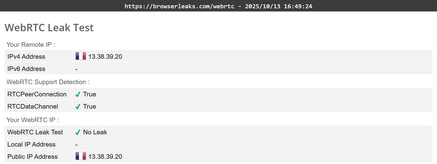 Norton Secure VPN's WebRTC leak test results (pass). 