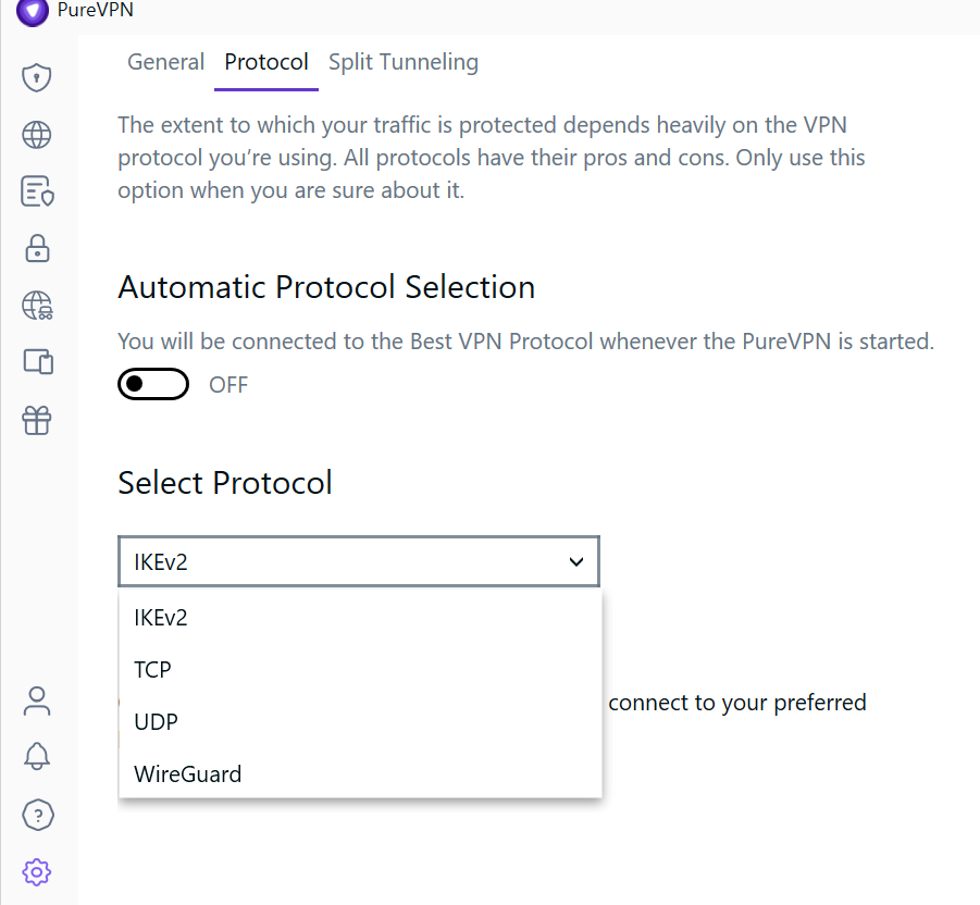 PureVPN protocols