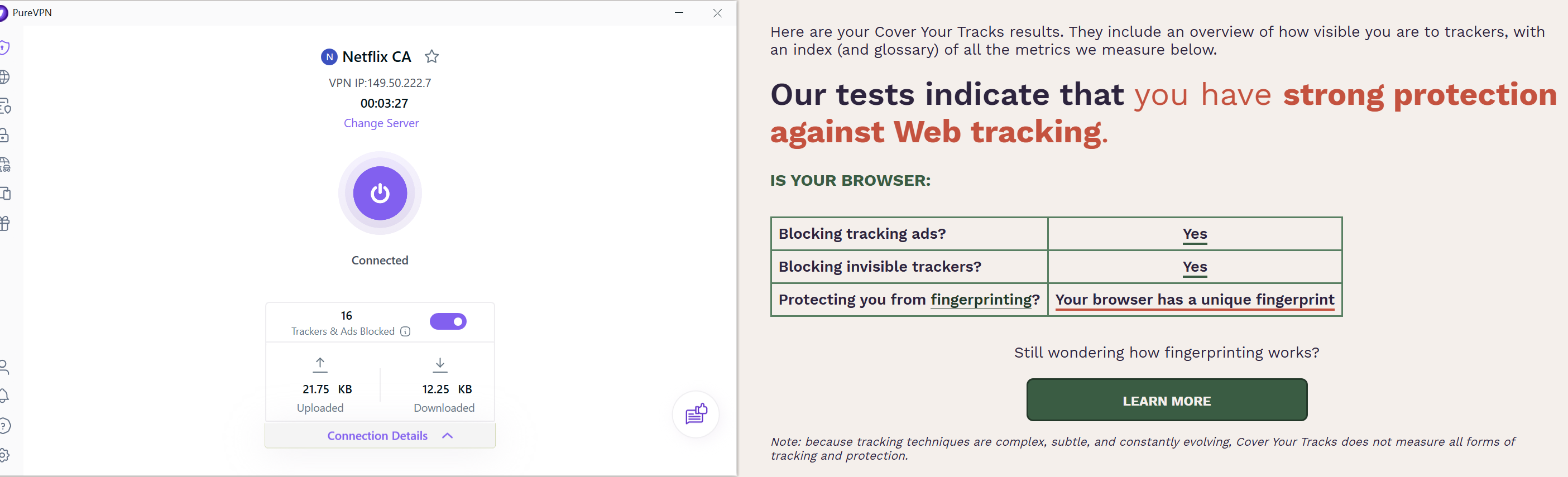 PureVPN Cover Your Tracks score 