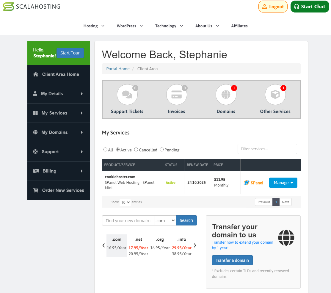 ScalaHosting dash