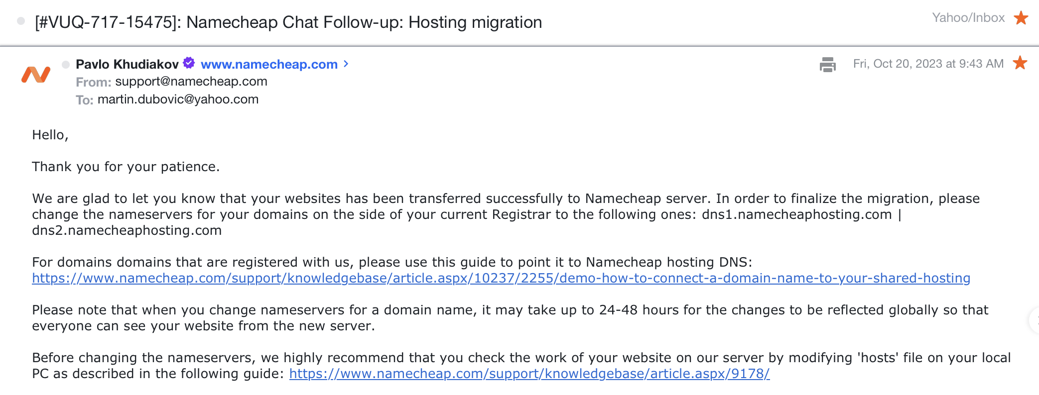 Namecheap website migration service