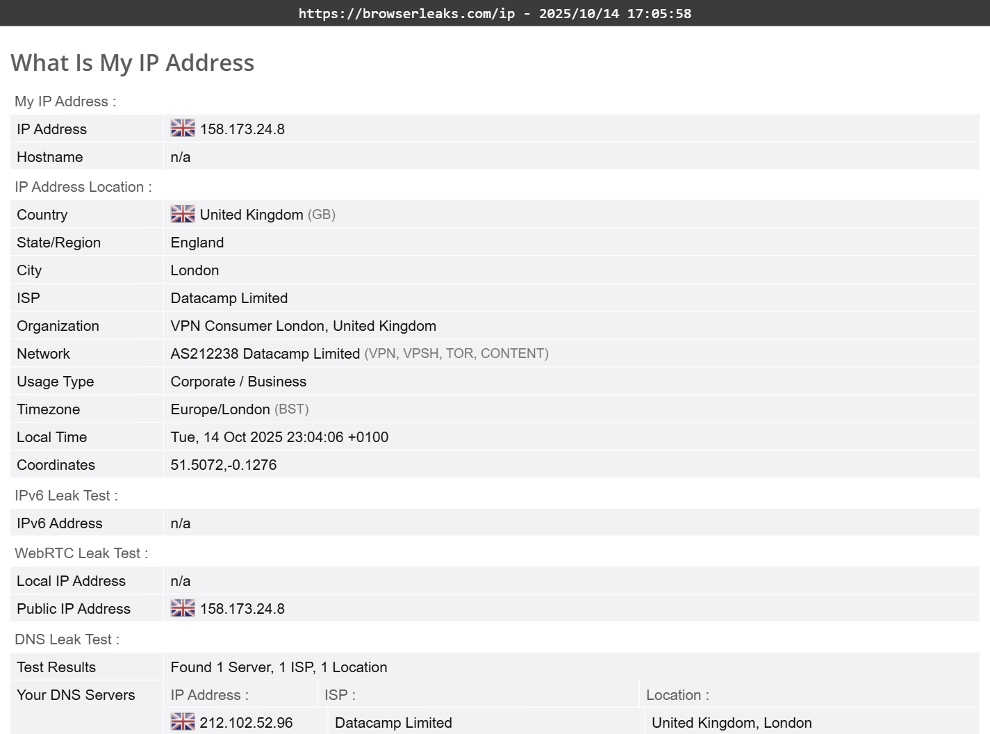 Private Internet Access's DNS leak test results (pass)