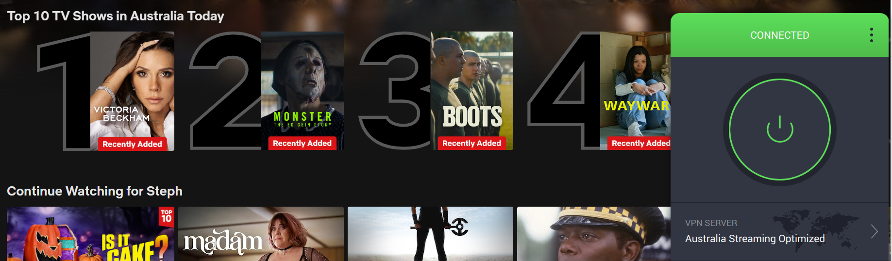 Netflix list of top shows in Australia today with Private Internet Access in the foreground