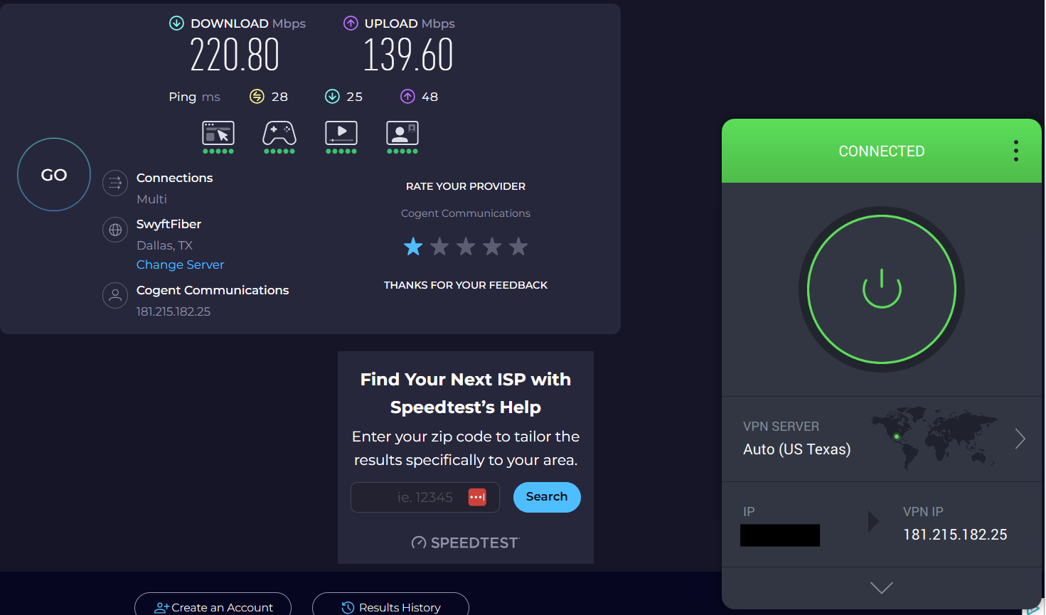 Speed test results for PrivateVPN while connected to a server in Dallas (220.80 download, 139.60 upload, 28 ping)