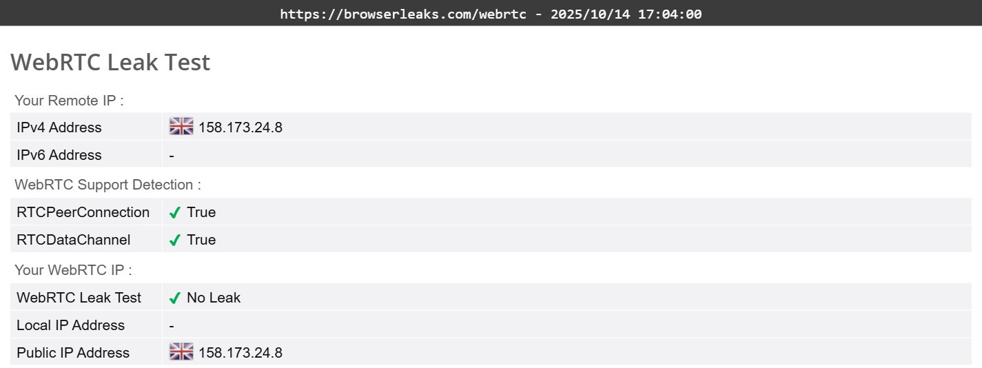 Private Internet Access's WebRTC leak test results (pass)