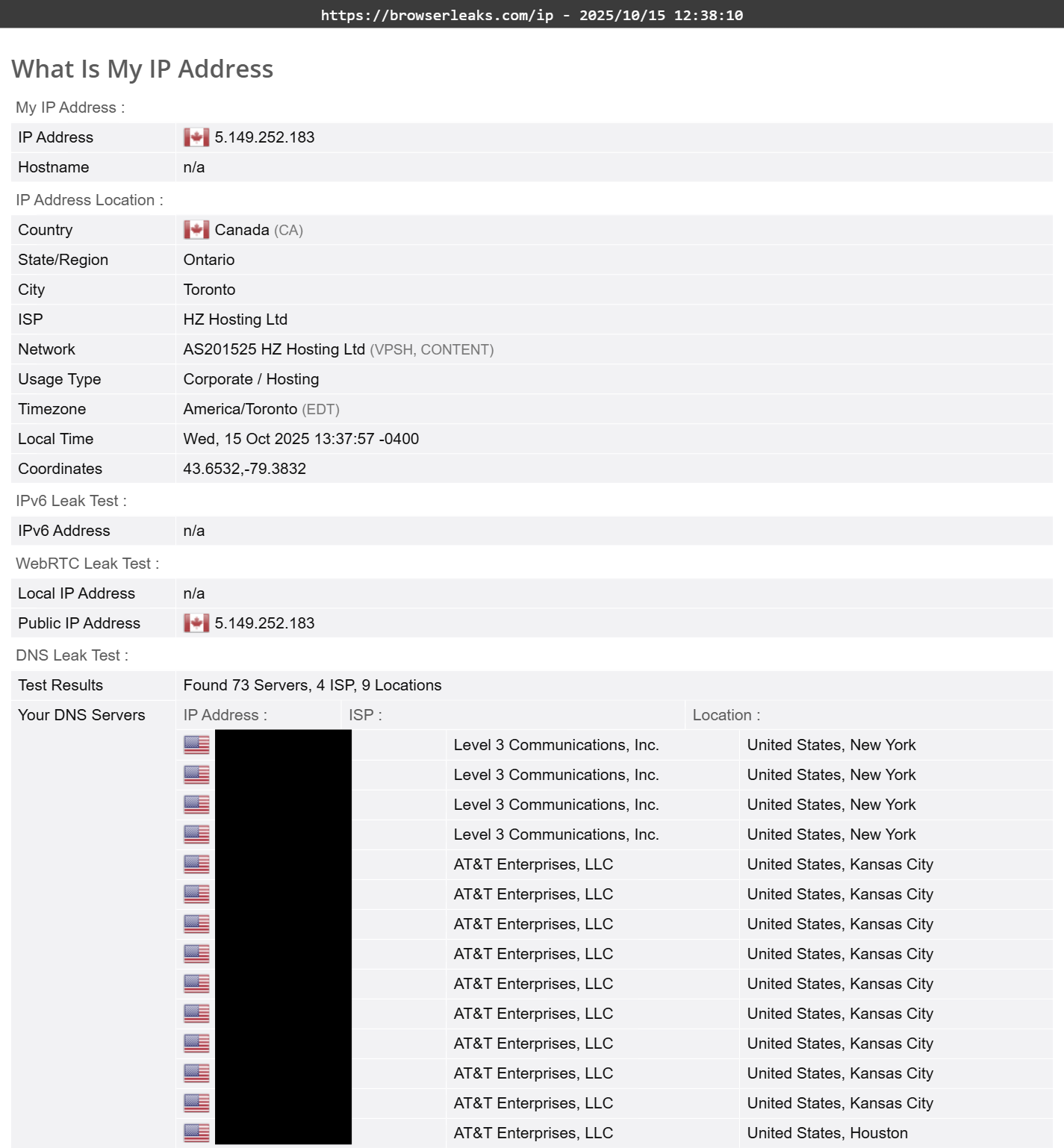 Whoer VPN's DNS leak test results (failed)