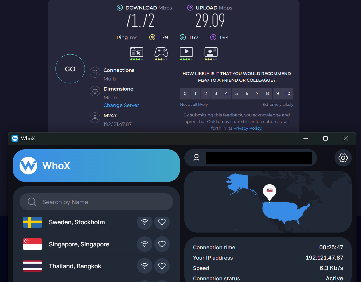 Speed test results for Whoer VPN while connected to a server in Las Vegas (71.72 download, 29.09 upload, 179 ping)